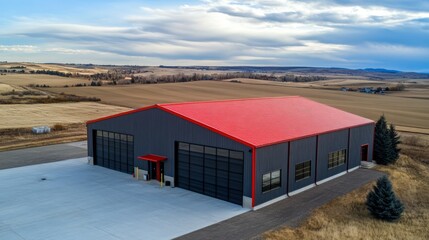 Naklejka premium Modern Metal Building: Red Roof, Gray Walls 