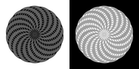 Abstract background with abstract line pattern in circles. Spiral art design as a logo or icon. A black figure on a white background and the same white figure on a black side. Mandala design with line