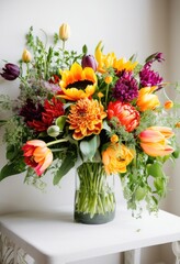 colorful vibrant flower arrangements featuring varied blooms lush greenery set clean white backdrop striking visual contrast, bouquet, design, display