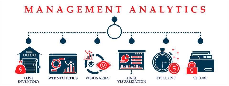 Management analytics web banner icons collection. Containing icon of data research, business report, data recovery, planning, business idea and market analysis. Red dan dark blue concept. 