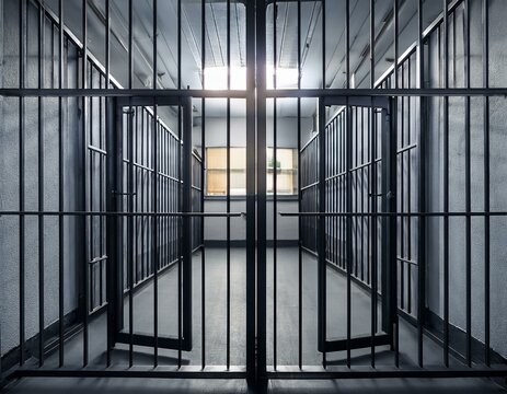 barreaux de prison en acier brillant en ia, grille et salle vide pour emprisonnement