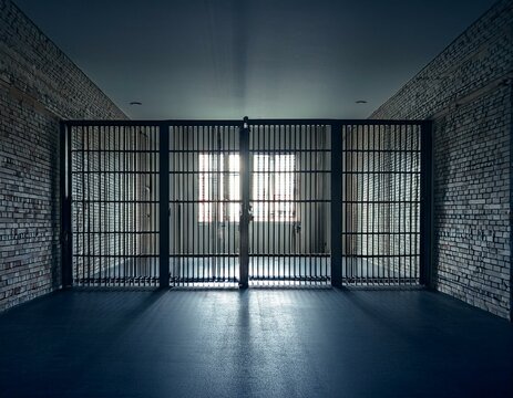barreaux de prison en acier brillant en ia, grille et salle vide pour emprisonnement