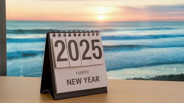 A calendar displaying "2025" and "Happy New Year" against a sunset beach backdrop.