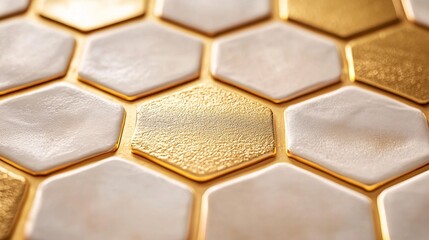 Fototapeta premium 2410 68.A seamless hexagon pattern resembling a honeycomb structure, with each cell outlined in shimmering gold. The golden strips between the hexagons add a sense of flow and continuity, while the