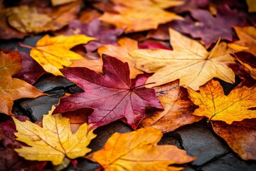 Vibrant autumn leaves in a variety of colors scattered on a forest floor.