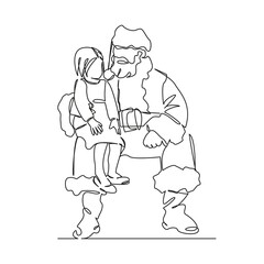 One continuous single drawing line art flat doodle child sits on santa claus lap, makes a wish, talks about gifts new year, christmas, holiday, magic. Isolated image hand draw contour on a white backg