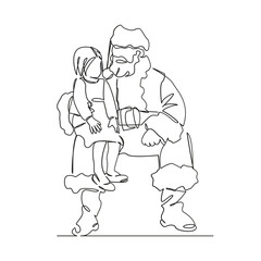 One continuous single drawing line art flat doodle child sits on santa claus lap, makes a wish, talks about gifts new year, christmas, holiday, magic. Isolated image hand draw contour on a white backg