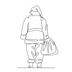 One continuous single drawing line art flat doodle santa claus turned back with a bag of gifts, new year, christmas, holiday, children. Isolated image hand draw contour on a white background