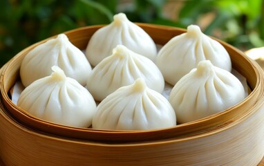 Freshly steamed dumplings in a traditional bamboo steamer, showcasing Asian culinary craftsmanship.