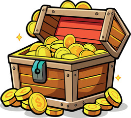 Wooden treasure chest overflowing with gold coins