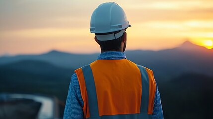 Engineers monitoring a large hydraulic dam, mechanical turbines turning below, soft sunlight reflecting on the water, wide shot