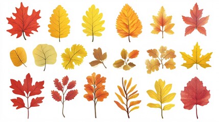 2410 46.A set of autumn leaves from different trees, including oak, maple, and chestnut, illustrated in warm shades of yellow, red, and orange. The flat vector design shows the detailed shapes of