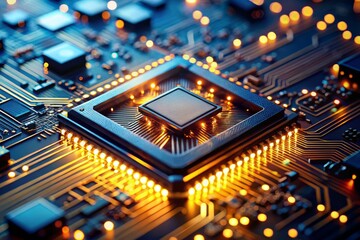 Fototapeta premium Close-up shot of a vintage-style AI microchip on a futuristic circuit board, featuring glowing orange and blue lights, symbolizing technology, innovation, and electronics.