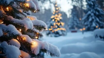 Snow-covered Christmas tree adorned with twinkling lights in a winter landscape at dusk.