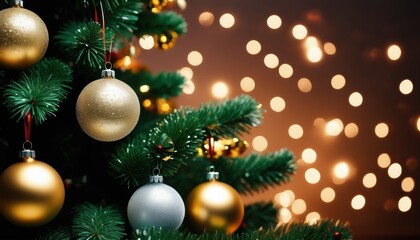 Close up christmas tree decorated with christmas balls