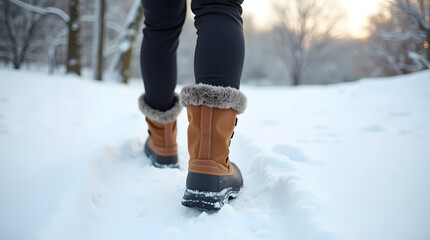 Legs of a young woman in warm boots walking in the snow