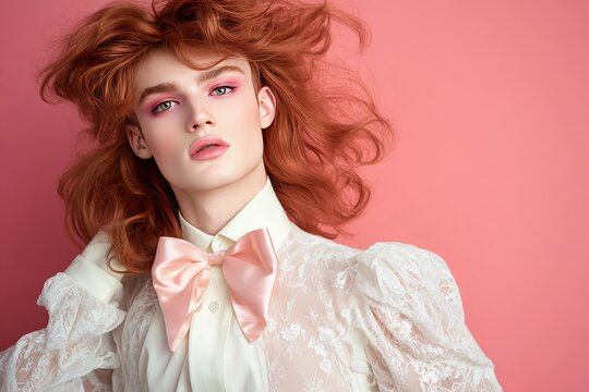 a androgynous male wearing female makeup with pink dominating the color and having a bouffant hairstyle , with elegant dress 