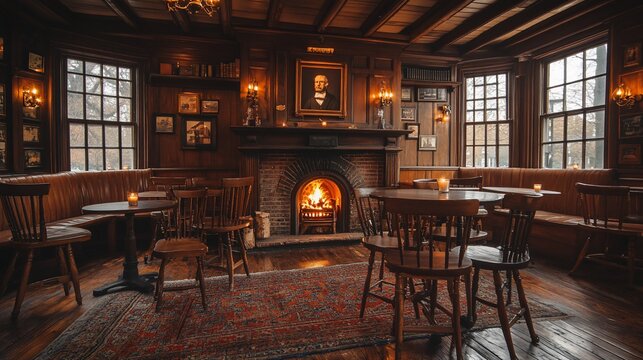A cozy pub interior with a fireplace, wooden furniture, and a warm, inviting atmosphere.