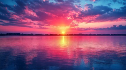 Naklejka premium Tranquil sunset over calm waters with a silhouetted sailboat in the foreground.