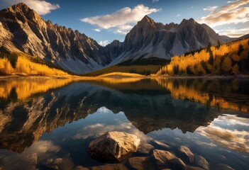 majestic mountain peaks mirrored calm serene lake under bright clear sky, adventure, exploration, outdoor, travel, tourism, cliff, rocky, formation, hill