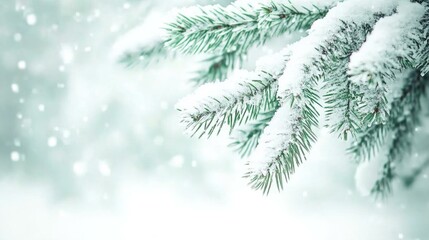 Snow-covered fir branch with delicate needles, capturing the serene beauty of a winter landscape.