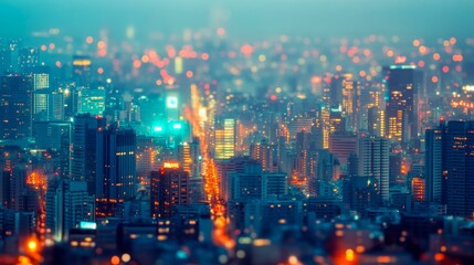 Fototapeta premium Aerial view of a bustling urban cityscape with skyscrapers and busy streets under a clear blue sky.