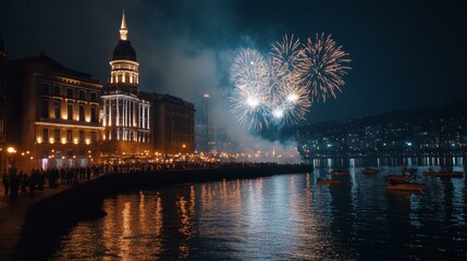 Fototapeta premium Vibrant fireworks display illuminates the night sky over a bustling cityscape during a festive celebration.