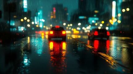 Fototapeta premium Cars swiftly moving on a rain-soaked urban street, headlights reflecting on the shiny wet pavement.