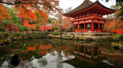 Fototapeta premium A vibrant red pagoda stands serenely in the center of a tranquil pond surrounded by lush greenery.