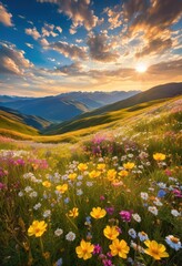 Obraz premium colorful vibrant wildflower fields surrounded scenic landscapes capturing beauty, blooming, meadow, flowers, blossoms, picturesque, pastoral, biodiversity