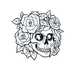 Skull with flower blossom, detailed ink drawing, tattoo design. Head bone, floral skeleton. Contoured outline etching, Catrina. Hand-drawn engraved vector illustration isolated on white background