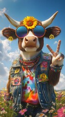 Funny cow cool cartoon character wearing farmer fashion in farmland colorful retro vintage hippie accessory. Creative party animal concept, happy flower child hipster funky fashion unique digital art.