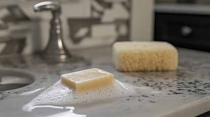 Soap and Sponge on a Clean Kitchen Countertop