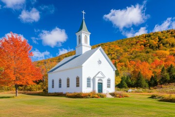Fototapeta premium A quaint white church with a tall steeple set against a clear blue sky in a serene rural landscape.