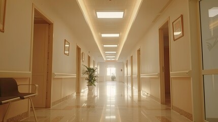 Obraz premium Clean hospital hallway with soft, ambient lighting