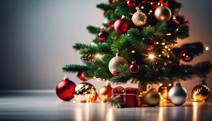 Obraz premium Close up christmas tree decorated with christmas balls