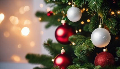 Obraz premium Close up christmas tree decorated with christmas balls