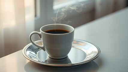 Fototapeta premium A steaming cup of coffee on a reflective silver saucer, bathed in soft morning light