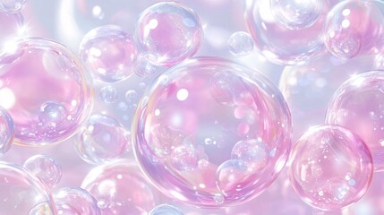 2410 26.A close-up vector illustration of clear hyaluronic acid bubbles, suspended in a translucent liquid. The bubbles vary in size and reflect light, creating a sense of purity and hydration,