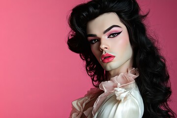 a androgynous male wearing female makeup having a bouffant hairstyle , with elegant dress 