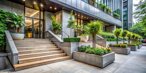 Concrete planters and steps enhance modern buildings, blending urban landscapes with sustainable design, outdoor decor, greenery, and architectural features to uplift city life and home aesthetics.
