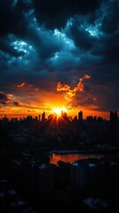 City skyline silhouette against a vibrant, dramatic sky, showcasing urban beauty and atmospheric depth at twilight.