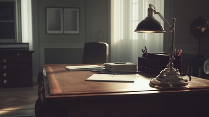Elegant Office Desk with Vintage Lamp and Papers