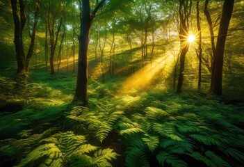 Obraz premium stunning drone footage capturing enchantment magical forest bathed golden hour light, aerial, adventure, alluring, ambiance, beauty, breathtaking