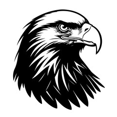 Black silhouette of an eagle head isolated on a white background. Concept of fierce bird illustration.