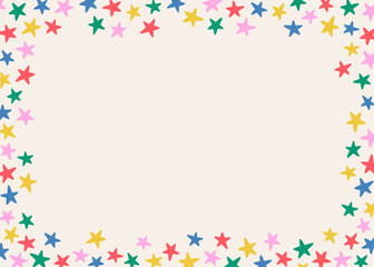 Abstract horizontal frame of bright multicolored stars, confetti on light background, flat style, hand drawn illustration, copy space