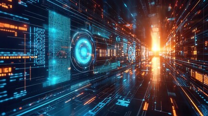 Futuristic digital corridor with bright lights and data streams, symbolizing technology and innovation in the digital age.