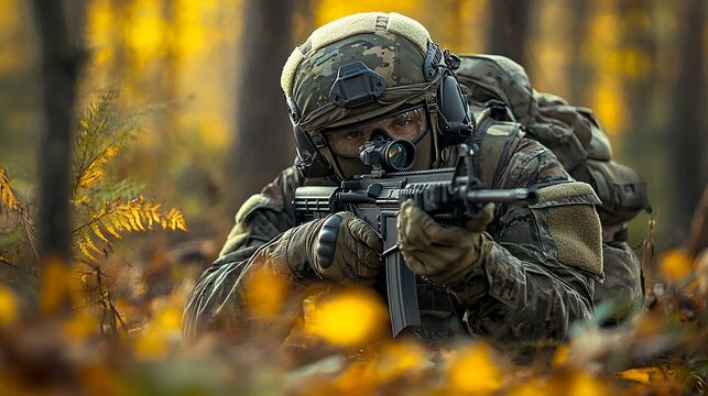 soldier with a rifle in ambush in the forest	