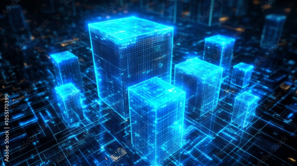 Poster futuristic digital cubes in a tech landscape