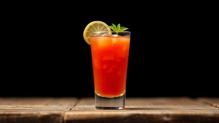 Fototapeta premium A refreshing beverage with citrus and ice, a single glass on a wooden surface with a dark background
